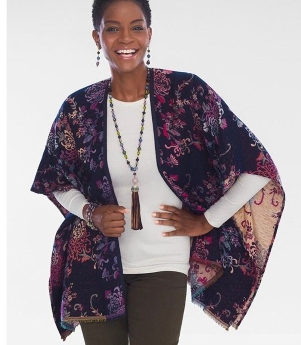 Chico’s Floral Jacquard Scarf Wrap Poncho OSFA Navy Fringed Open Front